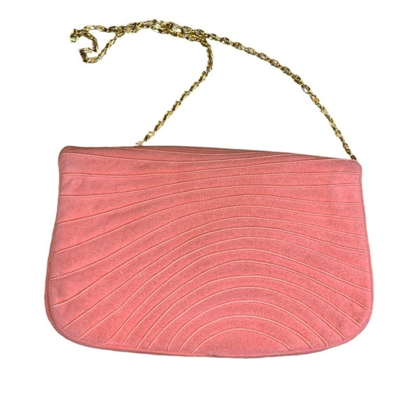 Vintage Coral Suede Clutch / Shoulder Bag with Gold Chain - Picture 11 of 11